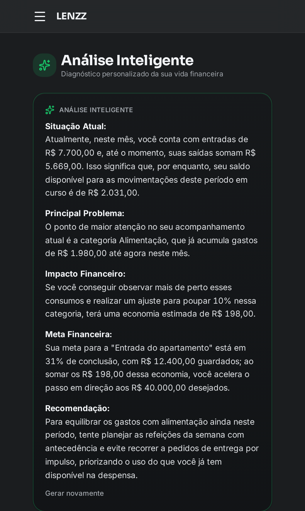 Tela de Análise Inteligente do LENZZ